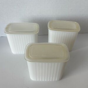 Three Vintage Hazel Atlas white milk glass refrigerator jars with plastic lids